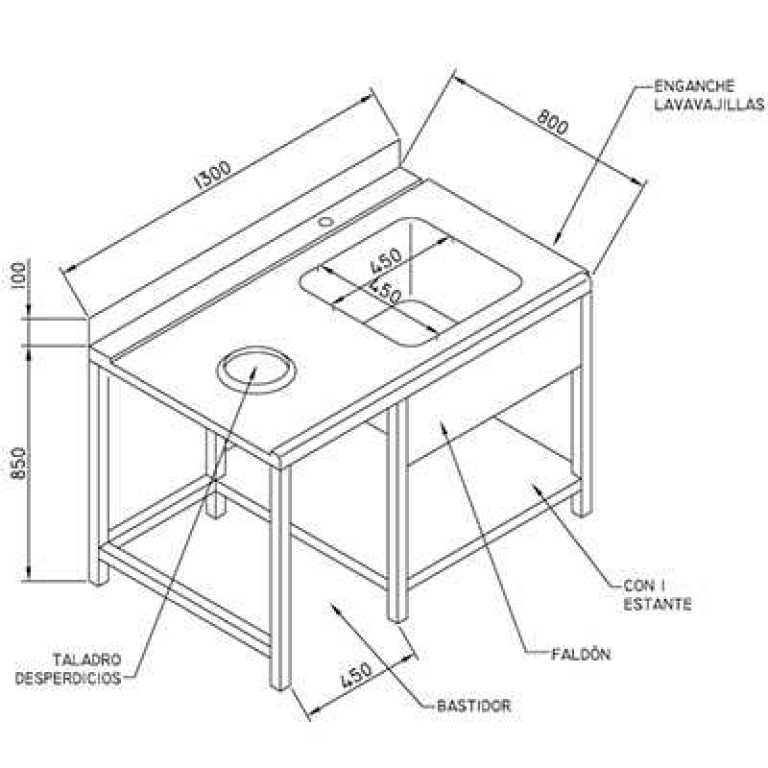 Mesa de Pre Lavado con Cubeta y Estante para Lavavajillas Cúpula SILANOS